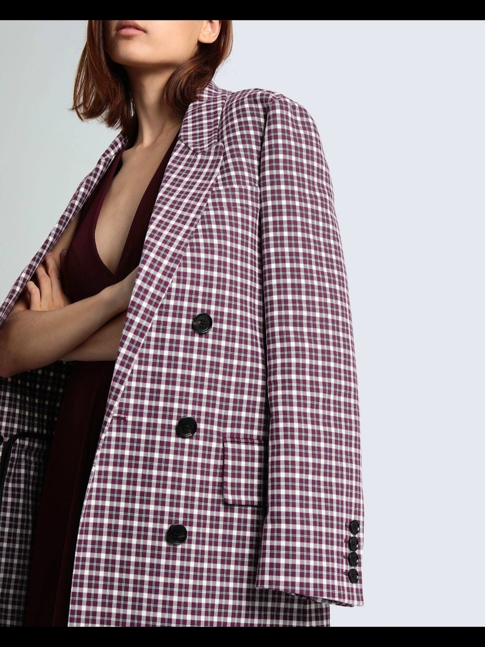 Burberry Double-Breasted Plaid Blazer in Wine and White